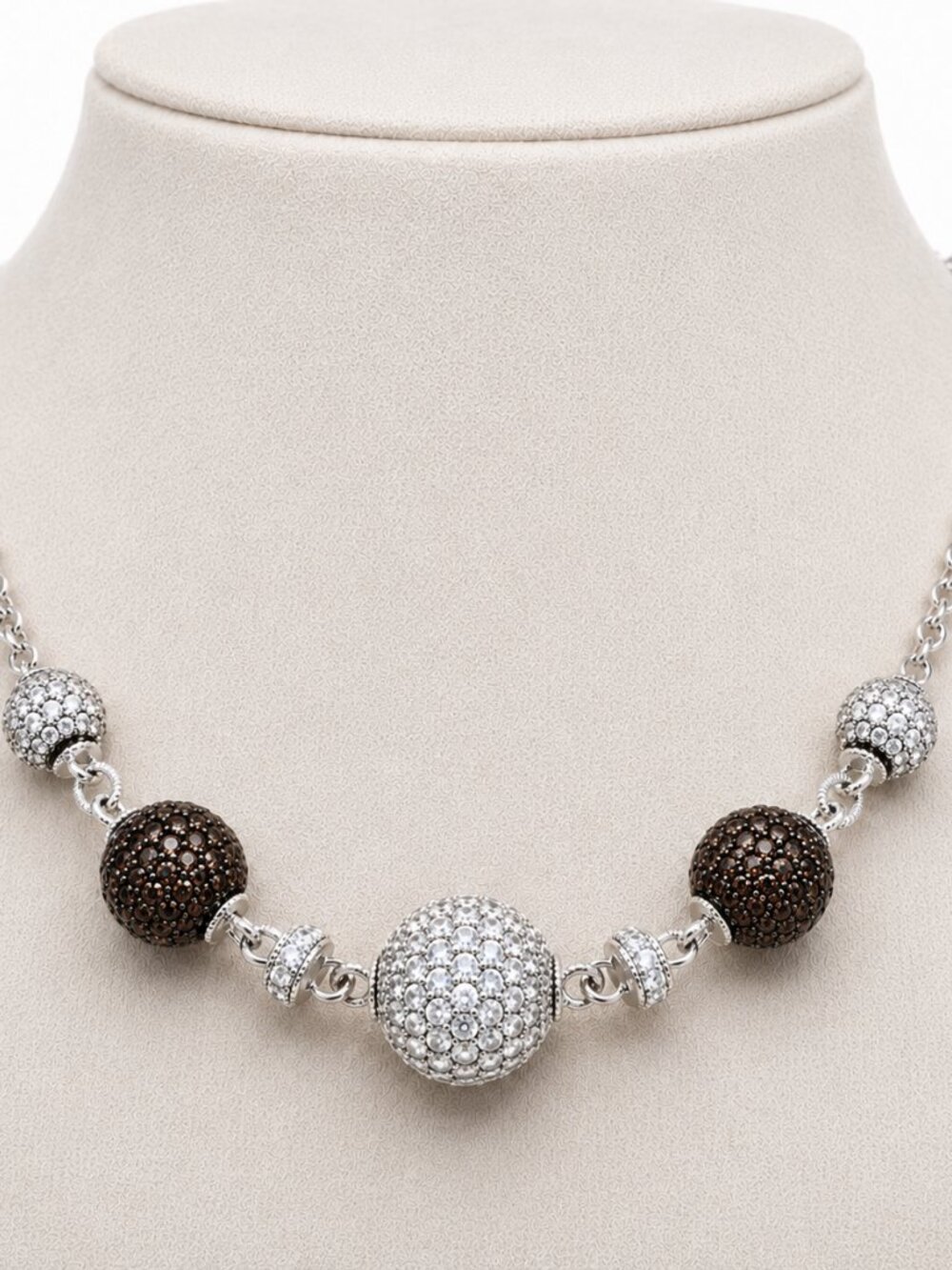 Judith Ripka Sterling Silver White & Brown Pave CZ Stones Ball Chain Necklace - Picture 2 of 7
